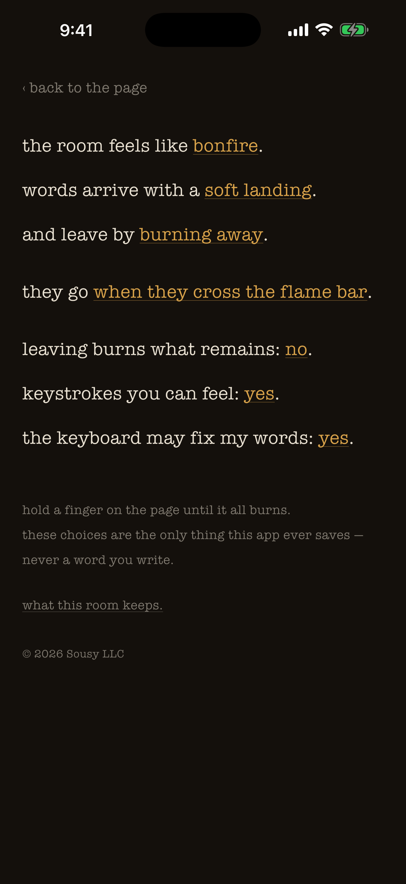 the room: settings written as prose on paper, where the underlined words are the controls